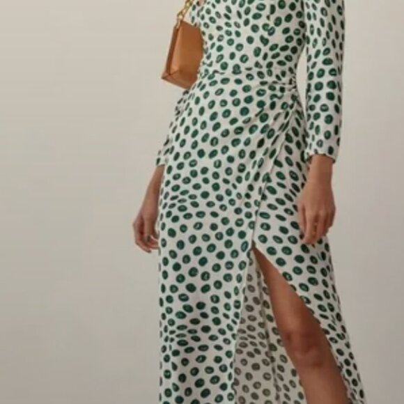 Reformation Hilda Midi Dress Tapioca Green Polka Dot Long Sleeves Wrap Style - Picture 4 of 7